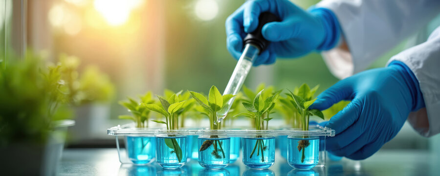 Scientist in lab coat with gloves is experimenting with small green plants. Laboratory worker pipettes liquid into small plants. Biotech eco tech innovations for growing eco-friendly agriculture.