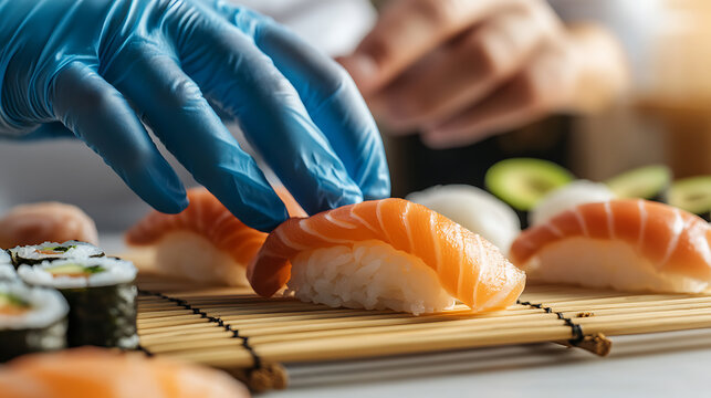 A chef carefully prepares sushi, wearing gloves for hygiene. The dish features fresh salmon atop rice, arranged artfully on a bamboo mat, complemented by rolls and avocado slices. - Powered by Adobe