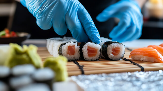 Sushi chef preparing a vibrant salmon roll, complete with fresh ingredients and expertly crafted presentation. The chef's gloved hands ensure hygiene. Fresh food preparation.