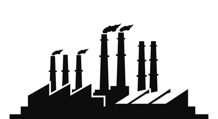 Industrial factory with smoking smokestacks silhouette against clean white background representing pollution, energy, manufacturing, and environmental concerns