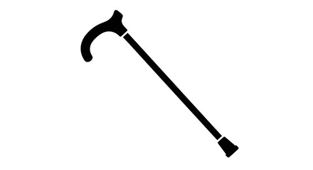 Cane or walking stick icon in black on a clean white background, symbolizing mobility assistance, support for elderly, disabled, or recovery patients.