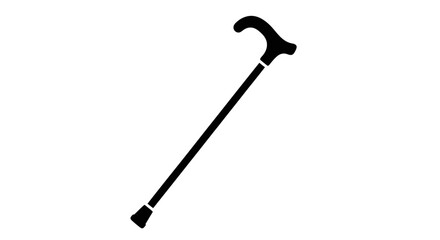 Black silhouette of a traditional walking stick or cane, symbolizing elderly mobility, assistance, and support on an isolated white background.