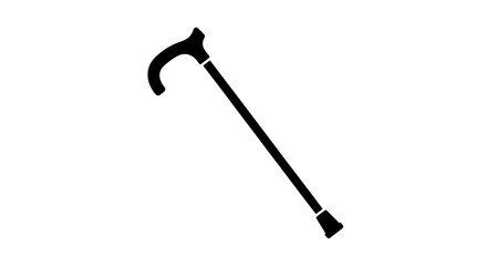 Black silhouette icon of a classic walking cane with curved handle, isolated on white, symbolizing support, mobility, old age, assistance, aid.