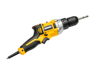 Yellow and black cordless electric drill with a bit attached isolated on transparent background