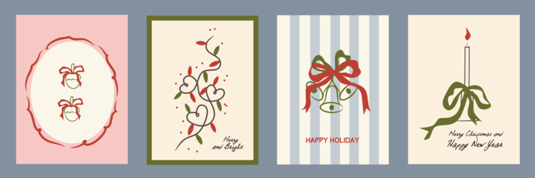 Hand drawn la dolce vita Christmas doodles. Vector illustration cards icon, bows, bell, candle. Minimalist winter line art for birthday, invitations, stationery, printables, social media, wall art.