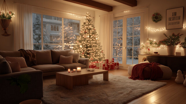 Festive Living Room: Cozy indoor setting featuring Christmas tree with decorations, warm light and candles creating a charming holiday scene.