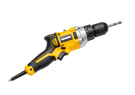 Yellow and black cordless electric drill with a bit attached isolated on transparent background