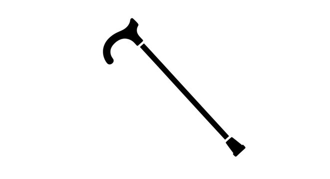 Black silhouette of a classic wooden walking cane with a curved handle, representing support, age, disability aid, and independence for elderly people.