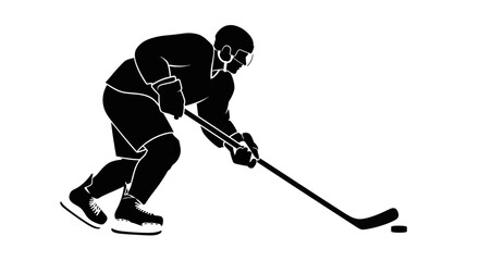 Obraz premium Dynamic silhouette illustration of an ice hockey player in action, wielding a stick to control the puck on the ice, embodying speed, skill, and competitive spirit in winter sports.