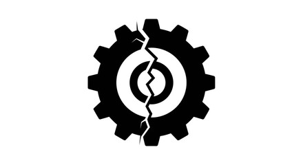 Broken black gear icon symbolizing system failure, technical problem, operational malfunction, maintenance, repair, crisis, disruption, and system breakdown