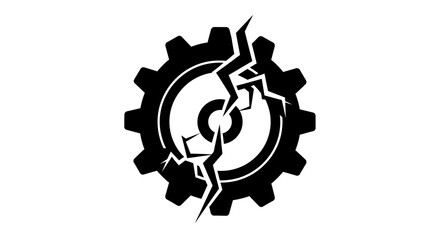 Broken gear icon representing system failure, mechanical breakdown, industrial crisis, maintenance issue, technological malfunction, and problem solving process