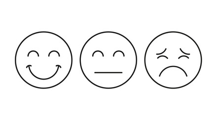 Fototapeta premium Three distinct facial emotion outline icons, representing happiness, neutrality, and sadness, ideal for expressing user satisfaction or mood scales.