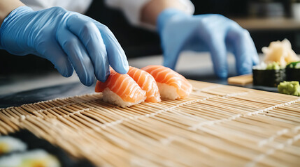 Crafting culinary excellence: A chef meticulously prepares delicate salmon nigiri, ensuring each piece is a work of art. Fresh ingredients meet skilled hands.