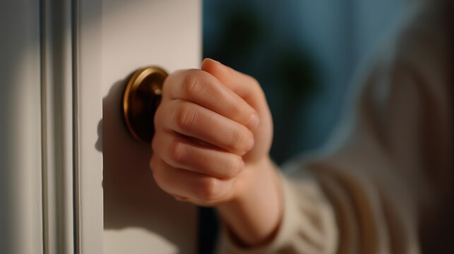Close-up of fingers gripping doorknob with subtle ambient lighting — representing curiosity, suspenseful mood, and lifestyle or creative narrative imagery. cinematic color correction, natural