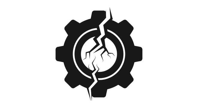 Cracked gear icon illustration representing system failure, mechanical breakdown, broken process, error, damage, and problem solution concept design