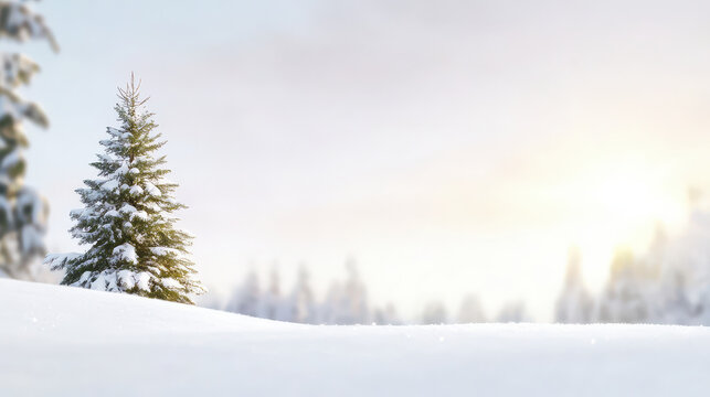 Serene winter landscape featuring snow covered hill with solitary evergreen tree basking in soft morning light