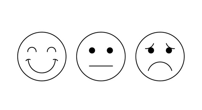 Outline icons depicting a range of customer feedback emotions, from a cheerful happy face to a neutral expression and a sad frowning face, for rating systems and surveys