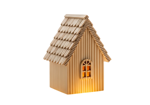 Small wooden house with a shingled roof and illuminated window isolated on transparent background