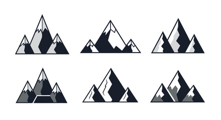 Collection of six stylized vector mountain icons featuring diverse geometric peaks with dark and light gray shading, ideal for nature, adventure, and travel branding.