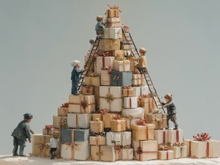 Miniature People Climbing a Massive Pyramid Stack of Gift Boxes Christmas Holiday Giving and Delivery Concept Seasonal Business Marketing Theme