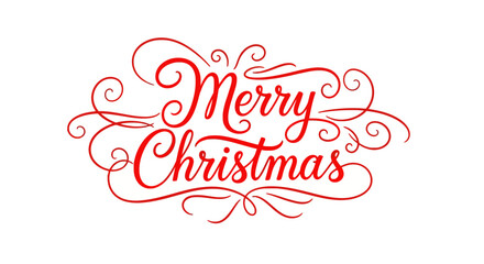 Merry christmas red script lettering with elegant decorative flourishes and swashes, a festive holiday season greeting for cards, banners, and design projects.