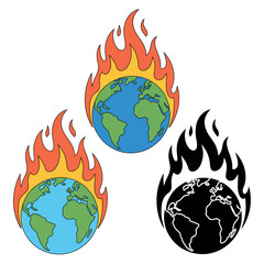 Three illustrations of the Earth on fire represent global warming and environmental disaster.