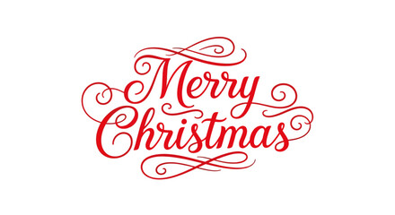 Merry christmas elegant red script with decorative swirls, festive holiday greeting typography on a clean white background, classic seasonal message.
