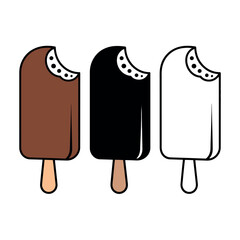 Three bitten ice cream bars in different flavors on a white background.