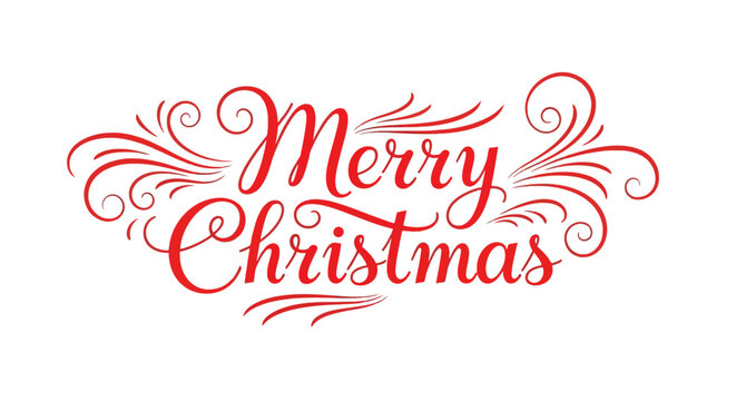 Merry christmas red script lettering with elegant flourishes and decorative swirls on a clean white background, conveying holiday cheer and festive greetings.