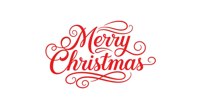 Merry christmas lettering text design element with elegant red calligraphic font and festive swirls, isolated on white background, perfect for holiday greeting cards and seasonal decorations.
