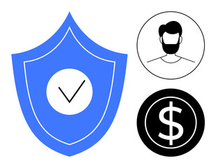 Blue shield with checkmark, circular avatar, and dollar icon emphasizing protection, identity, and finance. Ideal for cybersecurity, banking, data privacy, trust verification identity safety