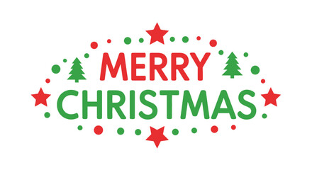 Merry christmas festive season greeting typography design with red green text, stars, trees, and dots on a clean white background, celebrating winter holiday joy