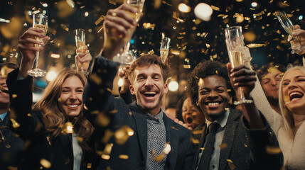 Celebration of Triumph: Group of people raising glasses of champagne to celebrate a milestone or success, captured amidst confetti.