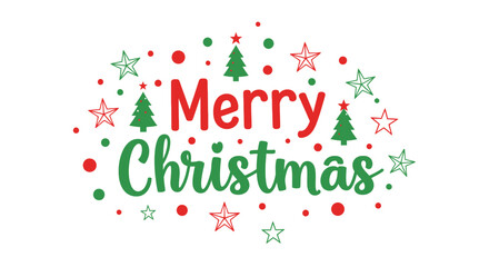 Merry christmas festive typography design with scattered red and green dots, outlined stars, and small christmas trees creating a joyful holiday season greeting illustration