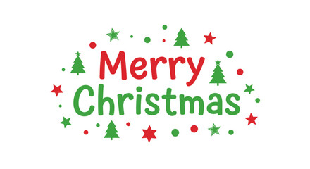 Merry christmas text surrounded by decorative red and green festive elements like stars, dots, and christmas trees on a clean white background, celebrating the holiday season.
