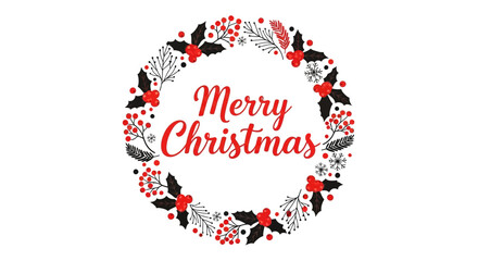 Elegant merry christmas wreath illustration with holly leaves, red berries, pine branches, and snowflakes, perfect for holiday greeting cards and festive designs