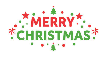 Merry christmas festive greeting illustration with bold red and green text, stars, dots, and evergreen trees, ideal for seasonal design.