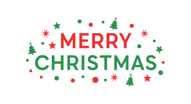 Merry christmas text design with festive red and green colors, surrounded by abstract dots, stars, and small christmas trees on a clean white background.