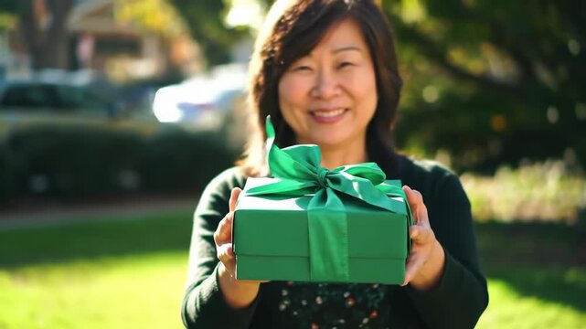 Smiling Asian woman presents gift box outdoors with blurred greenery background, ideal for gifting