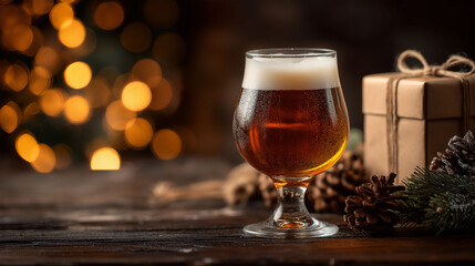 Holiday Cheer: A festive scene, showcasing a glass of amber-hued beer with a frothy head, accompanied by pine cones, a gift, and a softly blurred backdrop of twinkling lights.