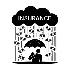 A person holding an umbrella under a cloud raining money and labeled insurance.