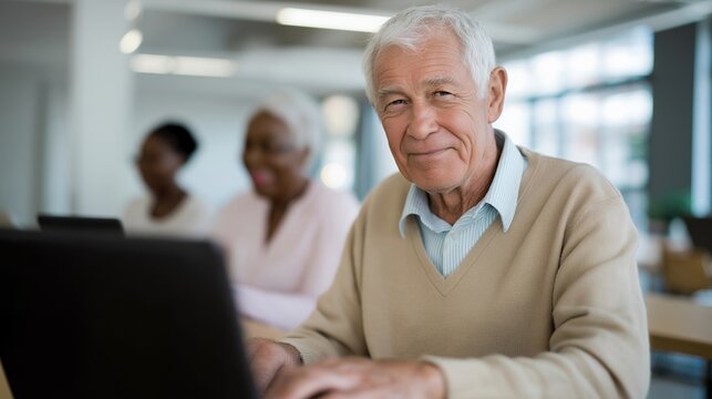 Group of retirees learning basic programming at laptops in a bright classroom, representing digital inclusion for seniors, lifelong education, and the importance of technology training for older
