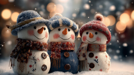 Joyful Snowmen in Winter Wonderland: Three charming snowmen, adorned in festive hats and scarves, stand together amidst a snowfall, radiating warmth and the spirit of winter holiday.