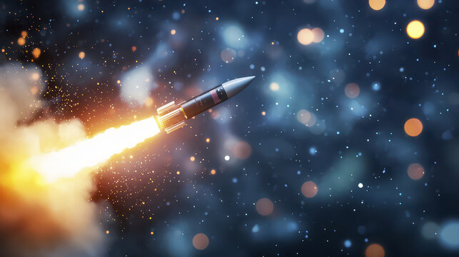 Stunning cinematic view of rocket launch, showcasing vibrant flames and sparks against starry background