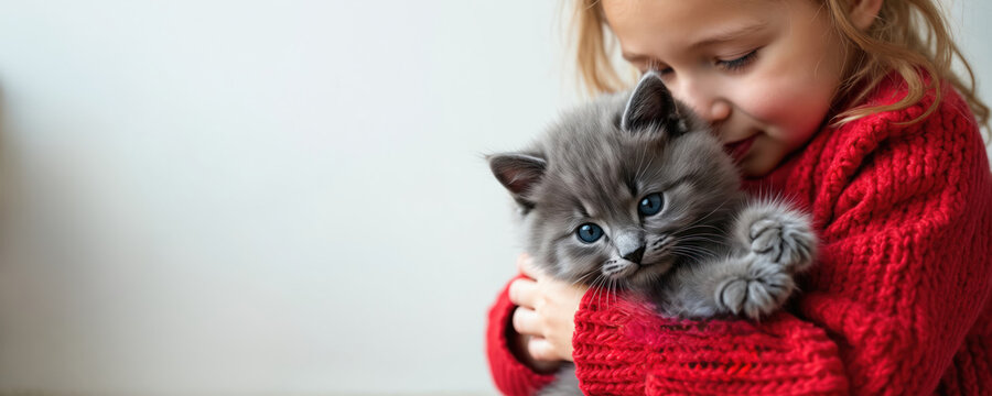 Little girl tenderly holds grey fluffy kitten indoors. Child in red sweater hugs cute kitty pet. Friendship between kid and adorable cat. Love for animal.