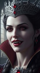 A beautiful gothic vampire queen wearing a silver crown with red jewels.