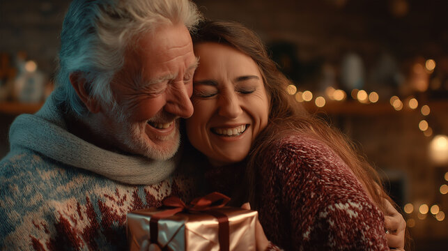 Tender Moment: A heartfelt scene unfolds as an elder person and a young adult share a tender moment, embracing warmly over a wrapped gift. capturing the bonds of familial love and holiday giving.