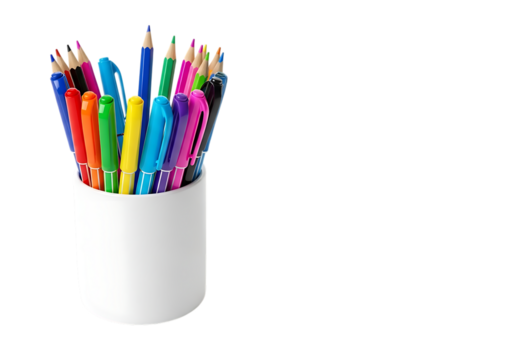 A white cup overflowing with a vibrant assortment of colorful pens and pencils isolated on transparent background
