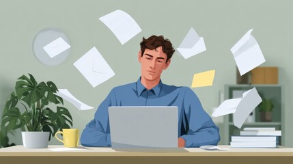 In a whirlwind of thoughts, the focused Caucasian male works surrounded by flying papers, embodying National Novel Writing Month's creative chaos