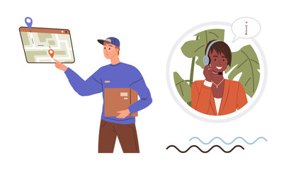 Male courier holding package, navigating route on digital map, speaking with a customer support representative. Ideal for delivery, logistics, customer service, communication, navigation, e-commerce